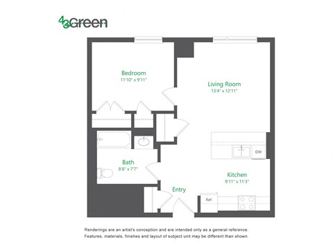 Floor plan for 1 bed, 1 bath, 642 sqft